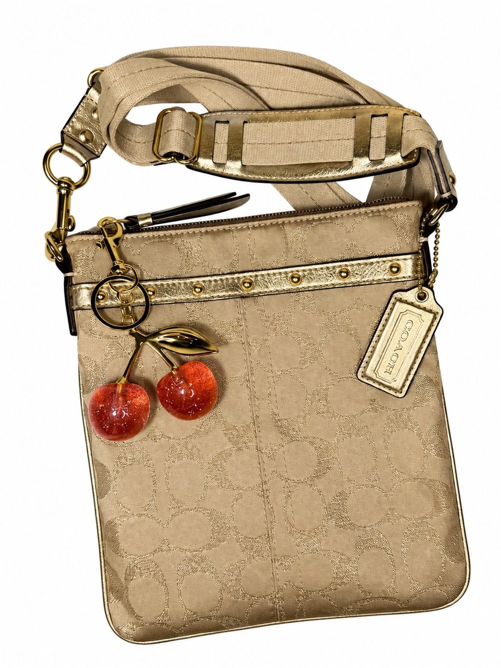 COACH Metallic Gold & Khaki Signature Jacquard Crossbody Bag